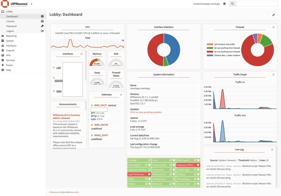 OPNsense dashboard showing system statistics, traffic graphs, and firewall state