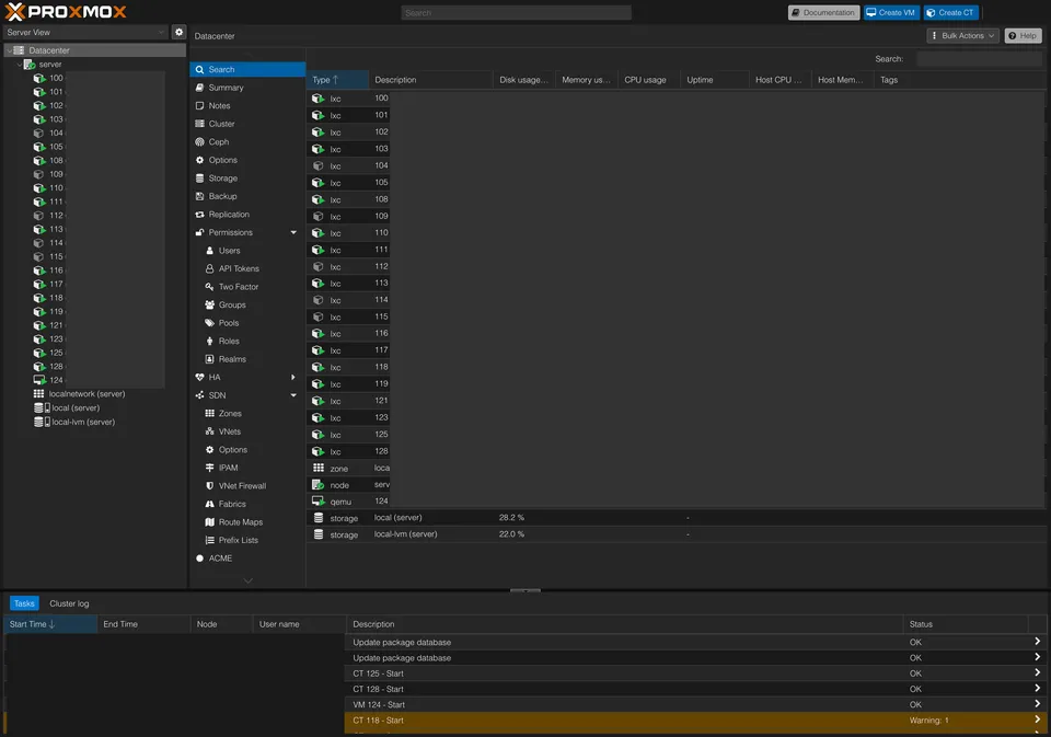 Proxmox VE dashboard with LXC containers and VMs