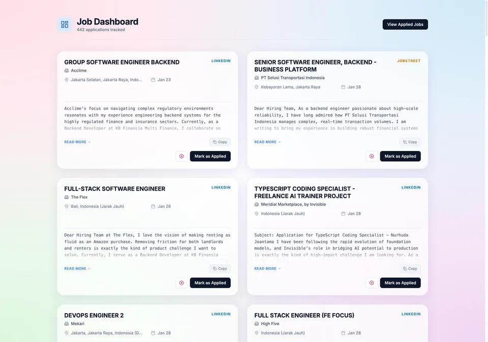 Job dashboard tracking opportunities with AI-drafted responses
