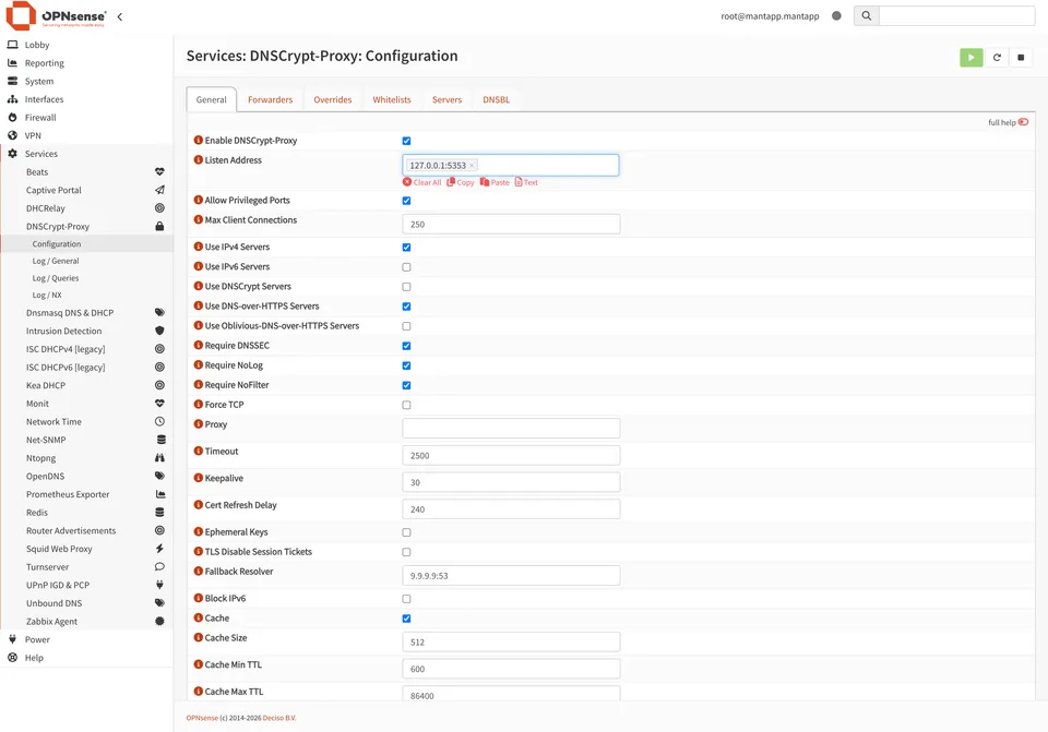 OPNsense DNSCrypt-Proxy configuration listening on 127.0.0.1:5353 with DNS-over-HTTPS, DNSSEC, NoLog, and NoFilter enabled