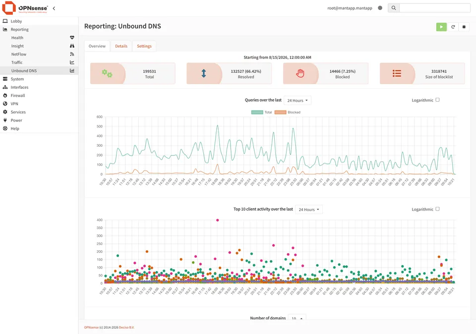 OPNsense Unbound DNS reporting overview showing query statistics, blocklist resolution metrics, and client activity over 24 hours