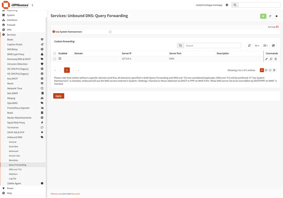 OPNsense Unbound DNS Query Forwarding custom forwarding rule sending queries to 127.0.0.1:5353