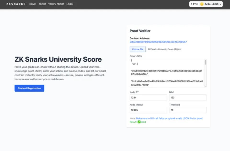 ZK-SNARK on-chain proof verifier UI on Ethereum Sepolia